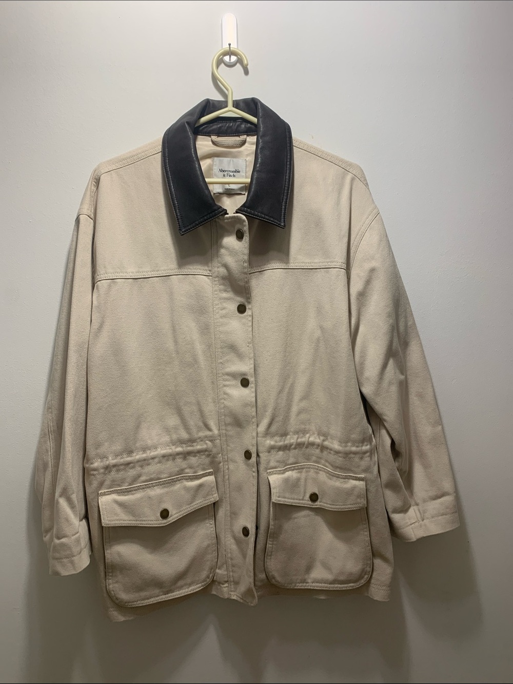 Abercrombie & Fitch Cream Utility Jacket with Brown Faux Leather Collar